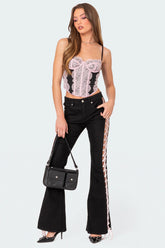 Laced Up Ribbon Mid Rise Flared Jeans
