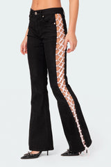 Laced Up Ribbon Mid Rise Flared Jeans