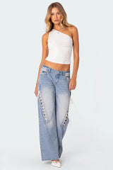 Ribbon Lace Up Low Rise Baggy Jeans