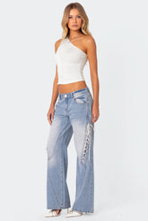 Ribbon Lace Up Low Rise Baggy Jeans