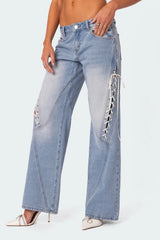 Ribbon Lace Up Low Rise Baggy Jeans