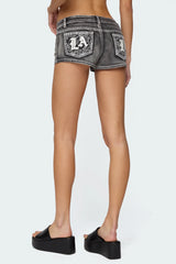 La Embroidered Low Rise Denim Shorts