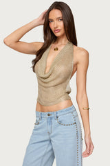 Shiny Knit Cowl Neck Backless Top