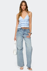 Tiered Ruffle Backless Striped Halter Top