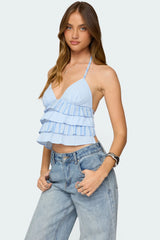 Tiered Ruffle Backless Striped Halter Top
