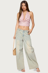 Stripey Metallic Cowl Neck Halter Top