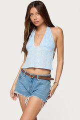 Floral Eyelet Backless Halter Top