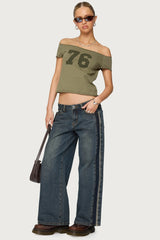 Petite Contrast Panel Low Rise Baggy Jeans