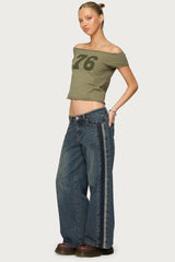 Petite Contrast Panel Low Rise Baggy Jeans