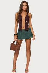 Frayed Pleated Denim Mini Skort