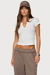 Semi Sheer Ribbed V Neck T Shirt
