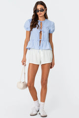 Puffed Sleeve Tie Front Top