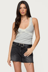 Oriana Contrast Lacey V Neck Top