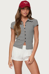 Beau Striped Ribbed Button Up Top