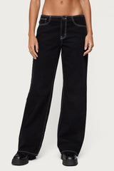 Contrast Stitch Low Rise Wide Leg Jeans