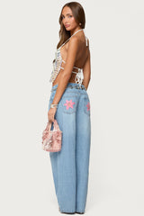 Mirra Embroidered Flower Low Rise Baggy Jeans