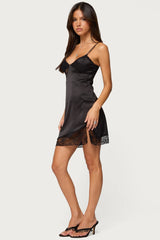 Asymmetric Lacey Satin Effect Mini Dress