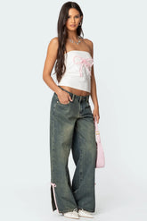 Bow Slitted Vintage Washed Low Rise Baggy Jeans