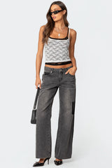 Contrast Pocket Washed Low Rise Baggy Jeans