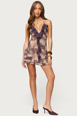 Abstract Printed Backless Ruffle Mini Dress