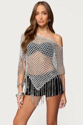 Evette Fringe Open Knit Metallic Poncho