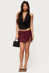 Chiffon Sequin Bead Fringed Mini Skirt