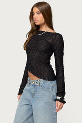Mare Asymmetric Gem Sheer Lace Top