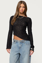 Mare Asymmetric Gem Sheer Lace Top