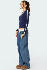 Contrast V Neck Long Sleeve T Shirt