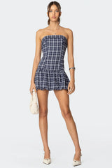 Plaid Strapless Bubble Mini Dress