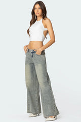 Rhinestone Washed Low Rise Baggy Jeans