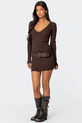 Ribbed Knit V Neck Mini Dress