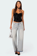 Distressed Hem Low Rise Baggy Jeans