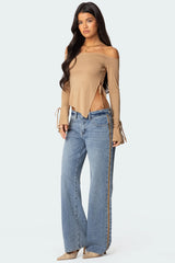 Faux Suede Stripe Low Rise Straight Leg Jeans