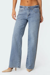 Faux Suede Stripe Low Rise Straight Leg Jeans