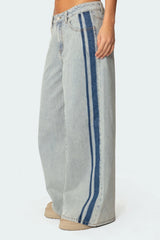 Side Stripe Washed Low Rise Baggy Jeans