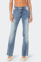 Frayed Seam Washed Low Rise Straight Leg Jeans