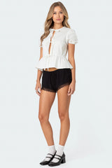 Puffed Sleeve Tie Front Top