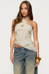 Beaded Sequin Asymmetric Halter Top