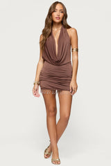 Bead Fringe Backless Halter Mini Dress