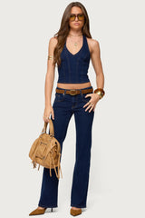 Jemima Contrast Stitch Denim Halter Top