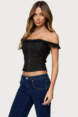 Jordana Ruffle Eyelet Off Shoulder Top