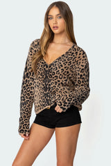 Leopard Printed V Neck Cardigan