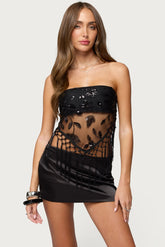 Sequin Sheer Fringed Strapless Top
