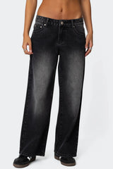 Petite Magda Acid Wash Low Rise Baggy Jeans