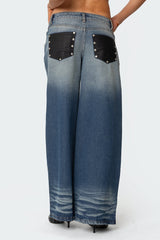 Faux Leather Pocket Low Rise Baggy Jeans