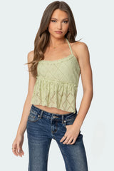Asymmetric Sheer Lace Halter Top