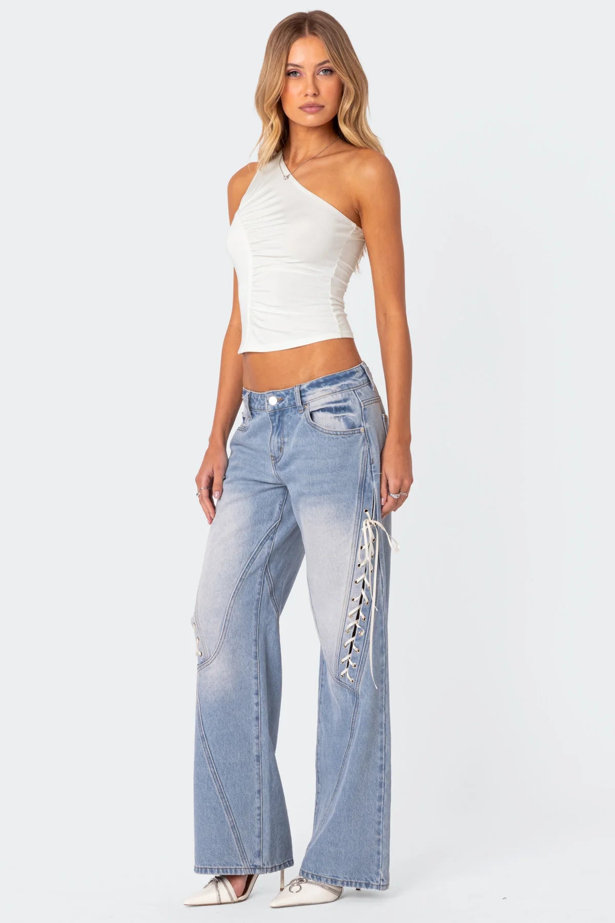 Ribbon Lace Up Low Rise Baggy Jeans