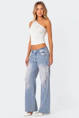 Ribbon Lace Up Low Rise Baggy Jeans