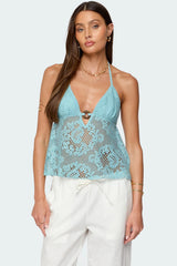 Sheer Crochet Babydoll Halter Top